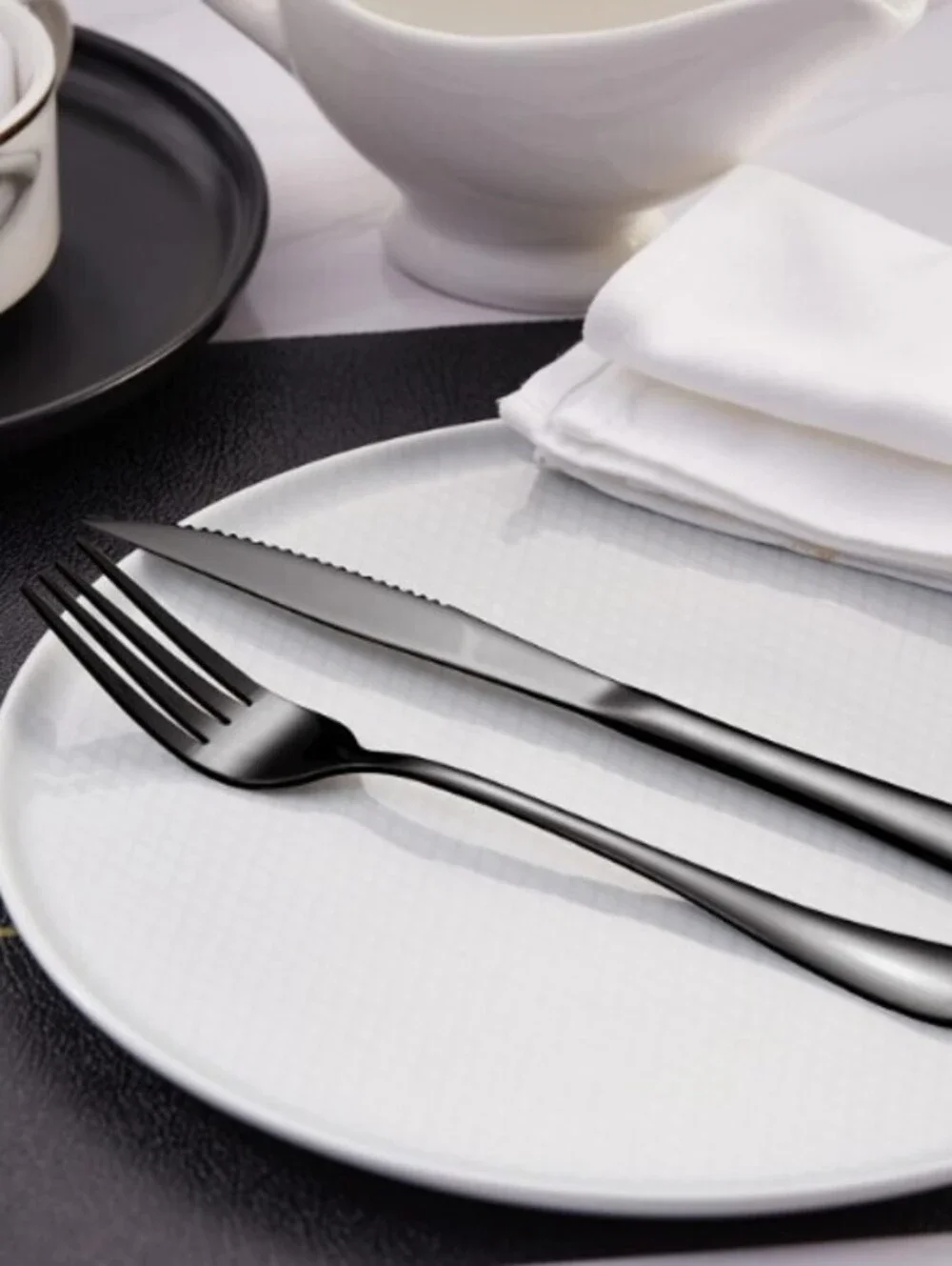 BRAND NEW: 12-piece Black Stainkess Steel Fork and Steak Knife-Svce for 6